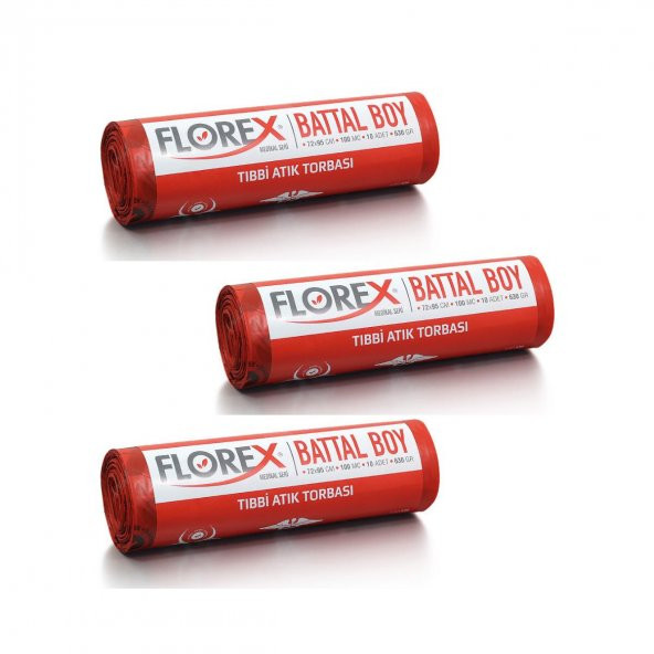 FLOREX - TIBBİ ATIK ÇÖP POŞETİ BATTAL 72X95 BASKILI KIRMIZI 10 YAPRAK - 3 RULO