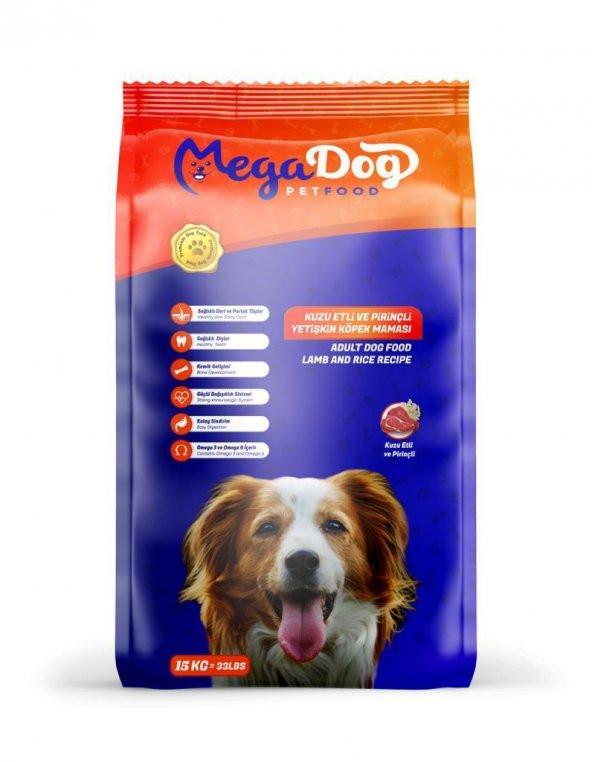 MEGADOG - KUZU ETİ VE PİRİNÇLİ YETİŞKİN KÖPEK MAMASI 15KG