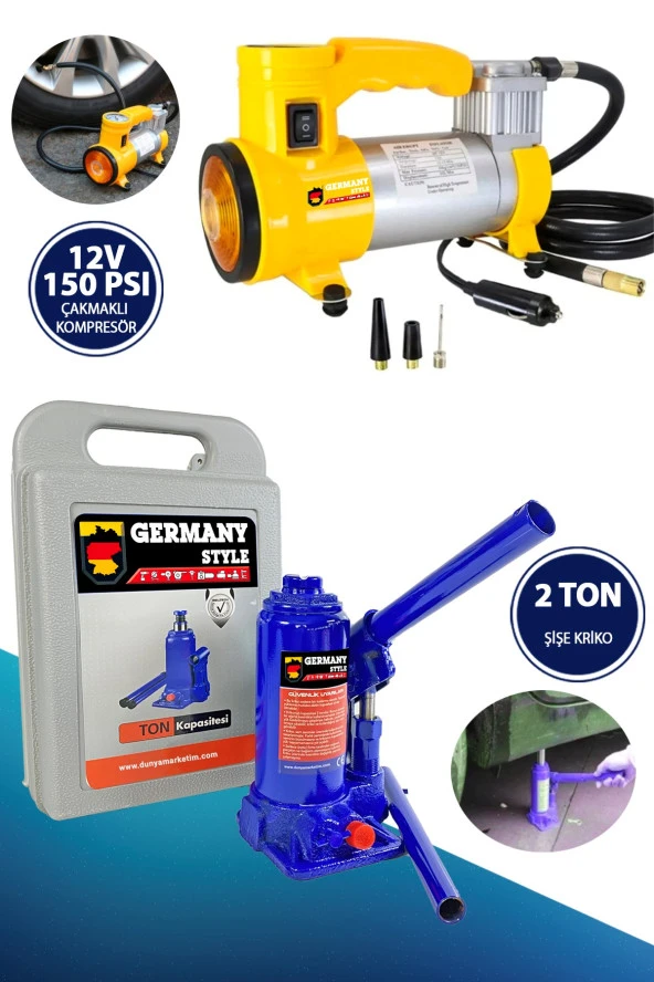 Germany Style 2 Ton Şişe Kriko ve 12 v 150 Psı Çakmaklı Araç Kompresörü Araçta Olması Gereken Set - 2