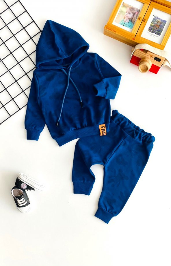 Neşeli Bebekler Ayıcık Desen İki İplik Kumaş Kapüşonlu Takım Lacivert