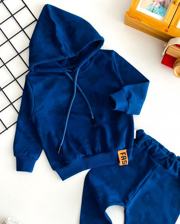 Neşeli Bebekler Ayıcık Desen İki İplik Kumaş Kapüşonlu Takım Lacivert - 2