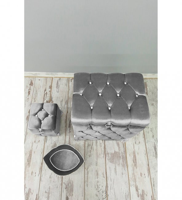 Bonny Home Kapitone MDF Gri Renk 3lü Çamaşır Sepeti Kirli Sepeti Banyo Seti - 2