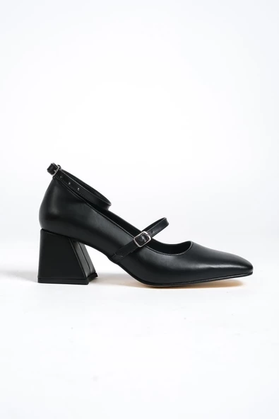 Kulia Siyah Mat Mary Jane Küt Burun Bantlı Ayakkabı - Resim 2