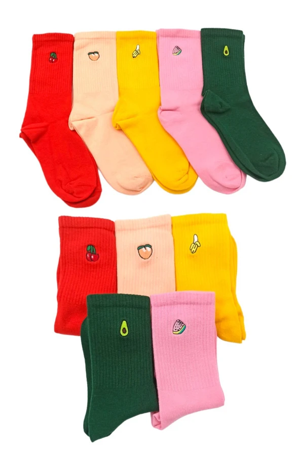Çorap Modasında Öne Çıkmak İçin Renkli Meyve Nakışlı 5li Çorap Seti