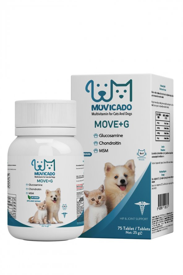 Kedi ve Köpeklerde Eklem Sağlığı Destekleyici Glukozamin Tablet  Glukozamin MSM Chondroitin Move G