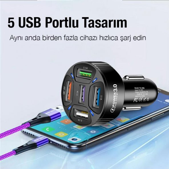 Ally Qc3.0 5 Port Çıkışlı Çoklu USB Araç Içi Çakmaklık Hızlı Şarj Başlığı - 4