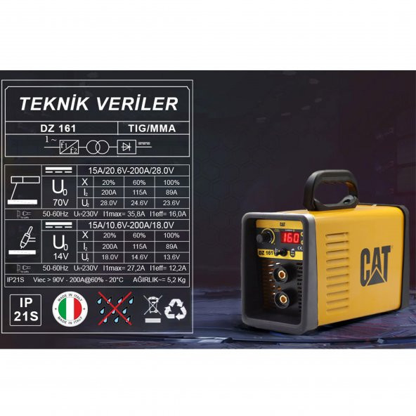 CAT DZ161 160 Amper TIG LIFT/MMA Çanta Tipi Profesyonel Dijital İnverter Kaynak Makinesi - 3