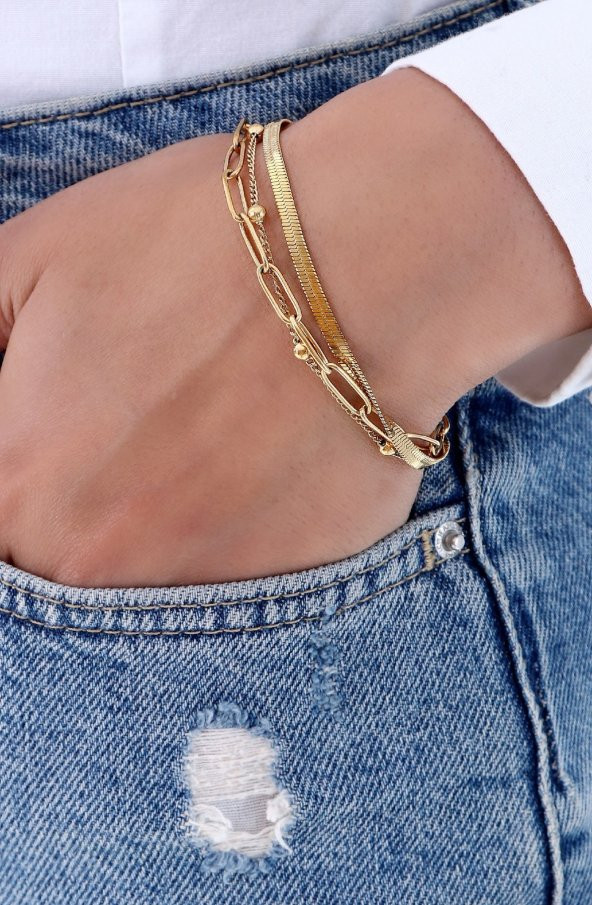 Kadın  Dorika Model Zincir Çelik Bileklik Gold - 4