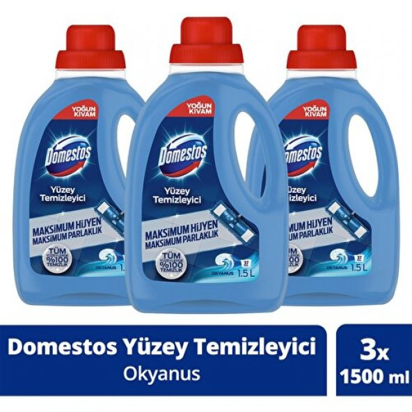 Domestos Yüzey Temizleyici Okyanus Maksimum Hijyen Tüm Yüzeyler Için Yüzey Temizleyici 1500 ml X3