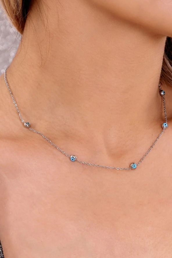 Kadın Nazar Boncuklu Çelik Gümüş Renk Kolye ürün görseli