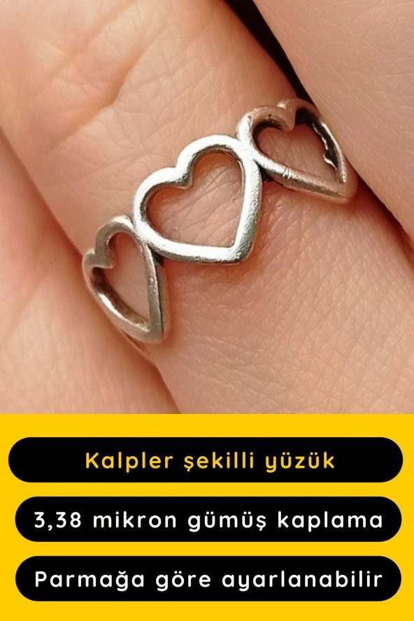 Kalpler Şekilli Kadın Yüzük Gümüş Kaplama Ayarlanabilir El Yapımı Yüzük