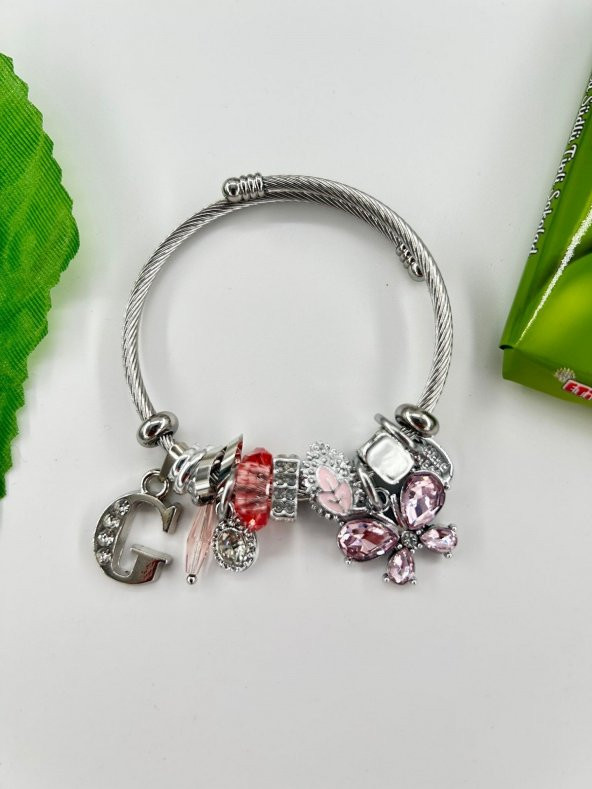 Kadın Charm G Harfi & Pembe Taşlı Çelik Kelebek Bileklik