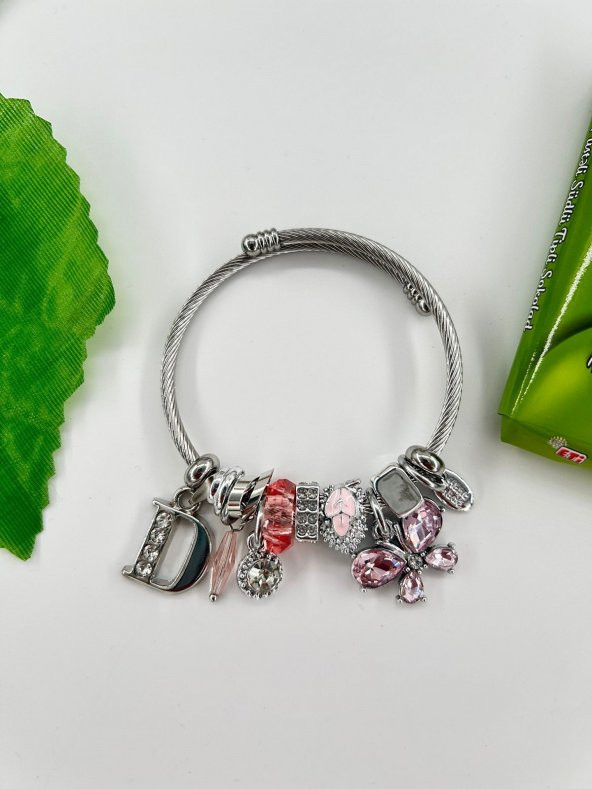 Kadın Charm D Harfi & Pembe Taşlı Çelik Kelebek Bileklik - 2