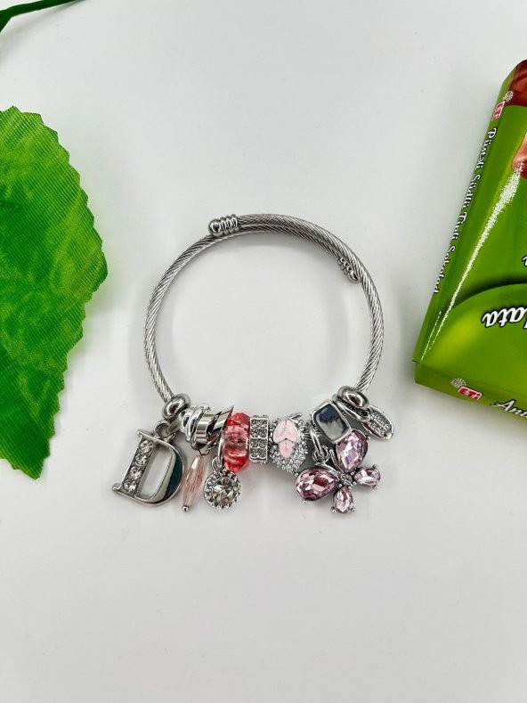 Kadın Charm D Harfi & Pembe Taşlı Çelik Kelebek Bileklik - 3