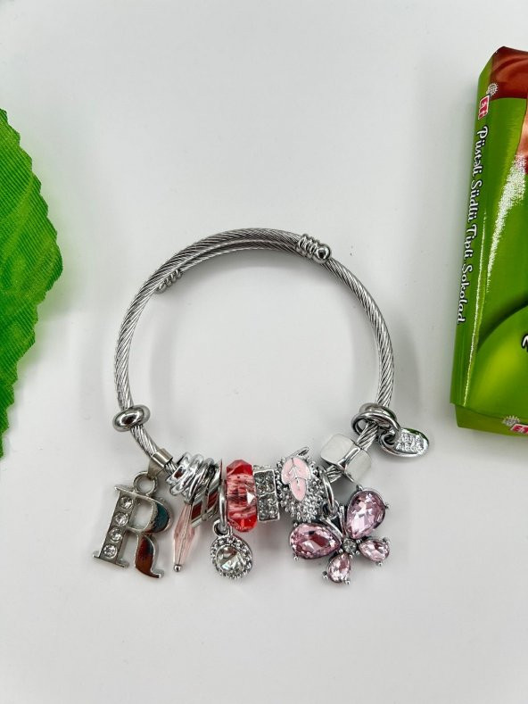 Kadın Charm R Harfi & Pembe Taşlı Çelik Kelebek Bileklik
