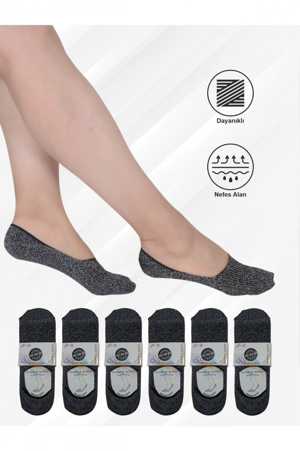 Kadın Görünmez Kaydırmaz Topuk Silikonlu Gümüş Simli Siyah Suba Babet Çorap 6lı Paket