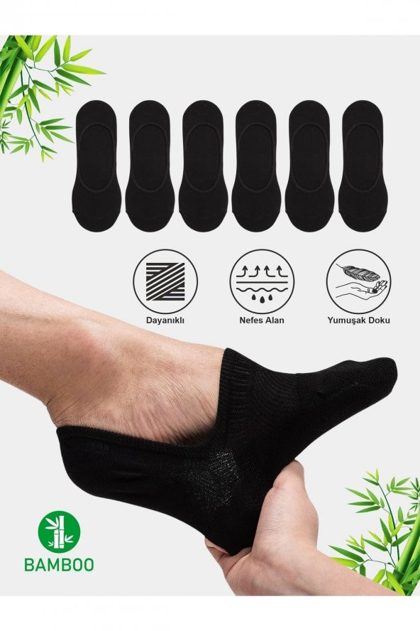 Bambu Erkek Görünmez Kaydırmaz Topuk Silikonlu Siyah Babet Çorap 6lı Paket