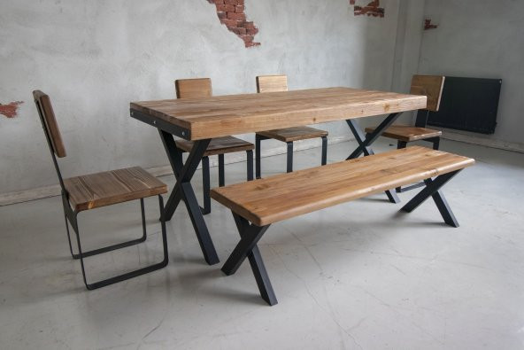 Deryawood Masif Ağaç Yemek  Masa Takımı  140-85 +4 Sand+140 Bank - Resim 3