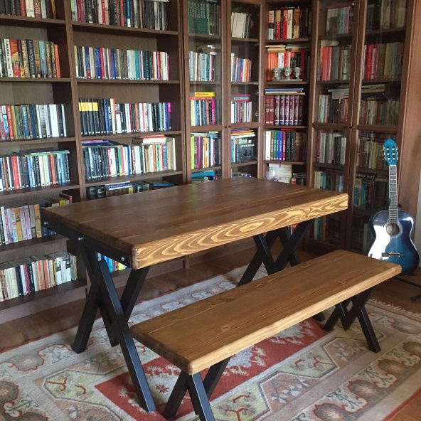 Deryawood Masif Ağaç Ahşap Mutfak Masası Takımı 180*85*76 Cm Masa/180*37*45 Cm Masa ürün görseli