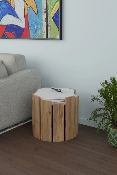 Sekizgen Üçlü Zigon Sehpa Seti Sunta Yan Sehpa Beyaz - Atlantik Çam