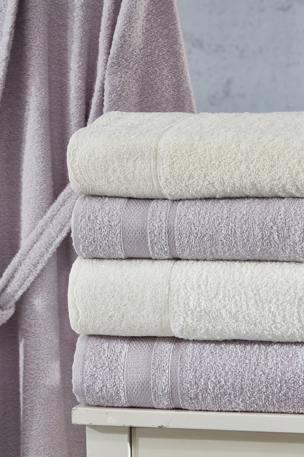 Family Dantelli Krem & Lila Aile Bornoz Seti 6 Parça Çeyizlik Kadın Erkek Bornoz Banyo Havlu Takımı - 3