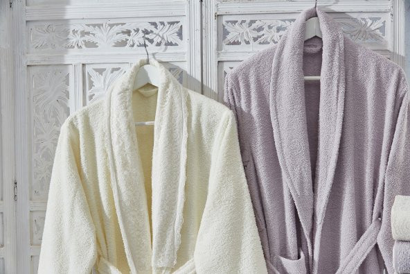 Family Dantelli Krem & Lila Aile Bornoz Seti 6 Parça Çeyizlik Kadın Erkek Bornoz Banyo Havlu Takımı - 4