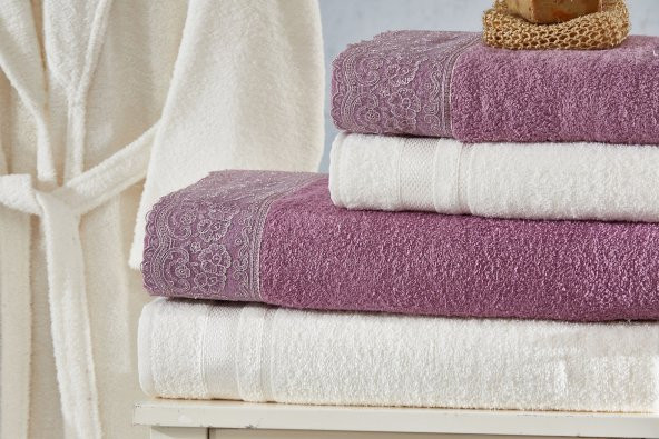 Family Dantelli Mor & Krem Aile Bornoz Seti 6 Parça Çeyizlik Kadın Erkek Bornoz Banyo Havlu Takımı - 3