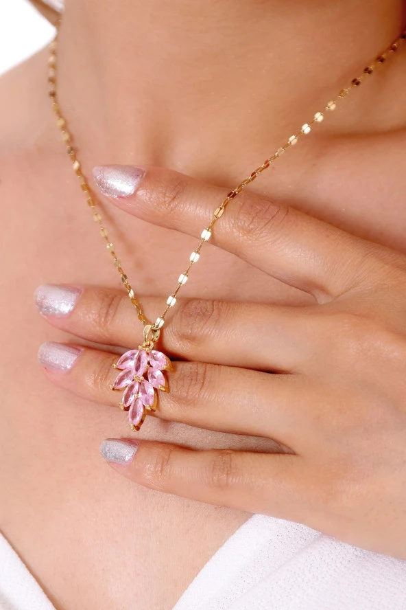 Kadın Çelik Pembe Zirkon Taşlı Lotus Çiçeği Kolye - Resim 2