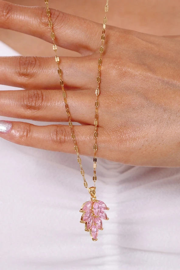 Kadın Çelik Pembe Zirkon Taşlı Lotus Çiçeği Kolye - Resim 3