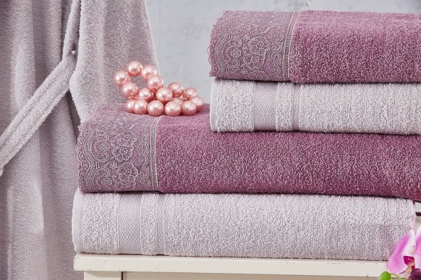 Family Dantelli Mor & Lila Aile Bornoz Seti 6 Parça Çeyizlik Kadın Erkek Bornoz Banyo Havlu Takımı - 5
