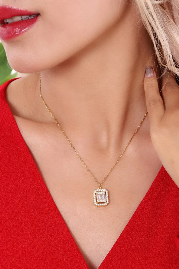 Kadın  Gold Baget Taşlı Çelik  Kolye - Resim 2