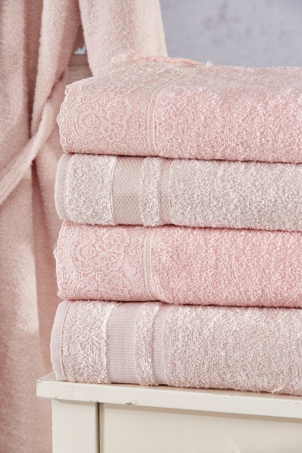 Family Dantelli Pembe & Kapuçino Aile Bornoz Seti 6 Parça Çeyizlik Kadın Erkek Banyo Havlu Takımı - 3