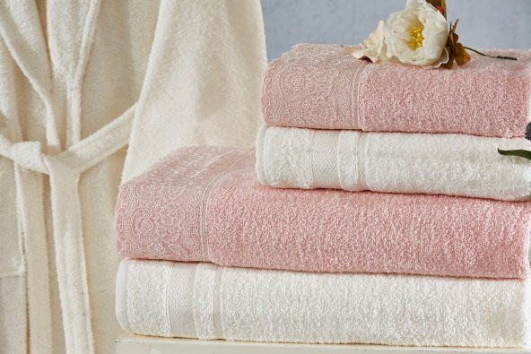 Family Dantelli Pembe & Krem Aile Bornoz Seti 6 Parça Çeyizlik Kadın Erkek Bornoz Banyo Havlu Takımı - 4