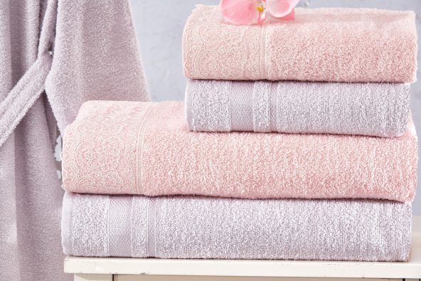 Family Dantelli Pembe & Lila Aile Bornoz Seti 6 Parça Çeyizlik Kadın Erkek Bornoz Banyo Havlu Takımı - 3