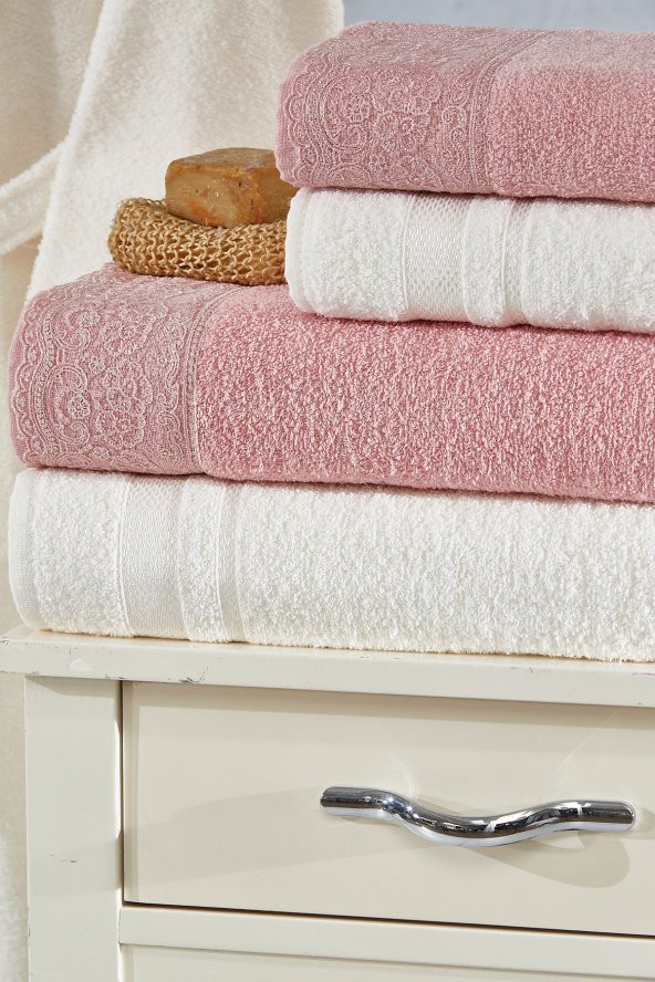 Family Dantelli Pudra & Krem Aile Bornoz Seti 6 Parça Çeyizlik Kadın Erkek Bornoz Banyo Havlu Takımı - 3