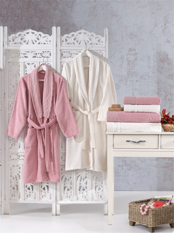 Family Dantelli Pudra & Krem Aile Bornoz Seti 6 Parça Çeyizlik Kadın Erkek Bornoz Banyo Havlu Takımı - 4
