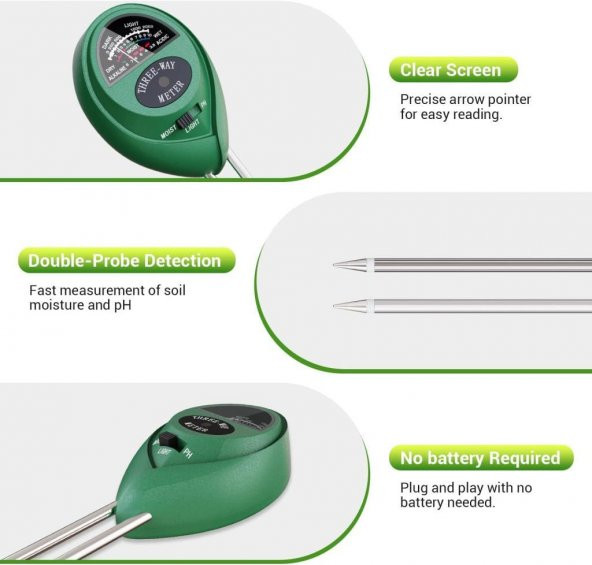 WellHise 7811 Toprak Nem Ph Ve Işık Ölçer 3ü Bir Arada - 2