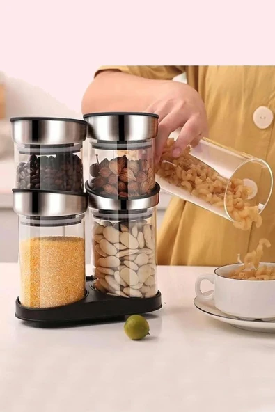 Arow Rena 5 Parça Döner Standlı Cam Baharat Takımı 6 Parça