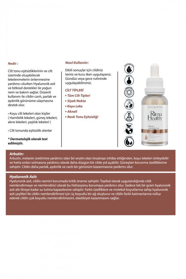 Rimu Health Leke Karşıtı, Cilt Tonu Eşitleyici Ve Aydınlatıcı Arbutin Serum 30ml - 4
