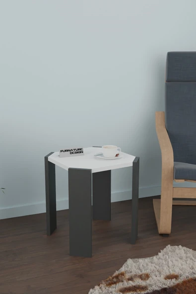 Sekizgen Üçlü Zigon Sehpa Seti Sunta Yan Sehpa Beyaz - Antrasit - 2