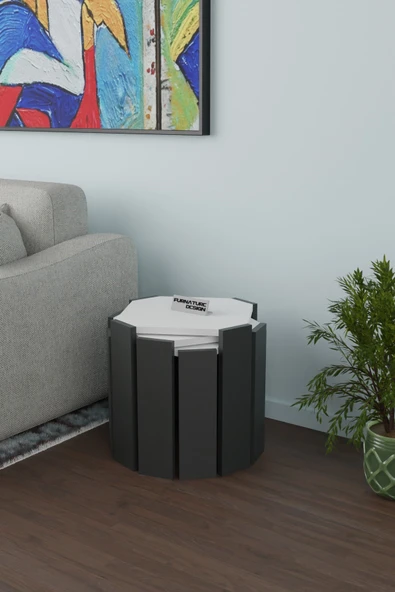 Sekizgen Üçlü Zigon Sehpa Seti Sunta Yan Sehpa Beyaz - Antrasit