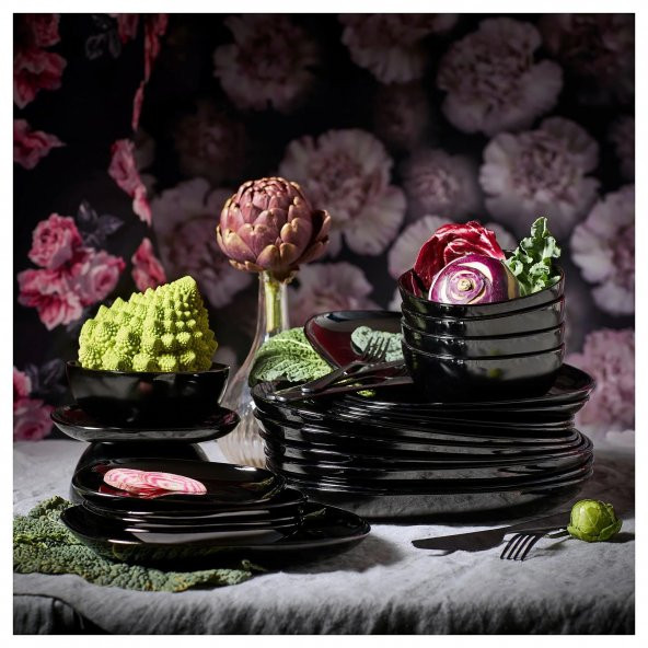 16 Parça BACKIG Yemek Takımı MeridyenDukkan Siyah Renk Modern Klasik Set Temperli Cam