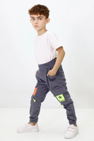 Erkek Çocuk Yıldız Fosforlu Kadife Pantolon - 5