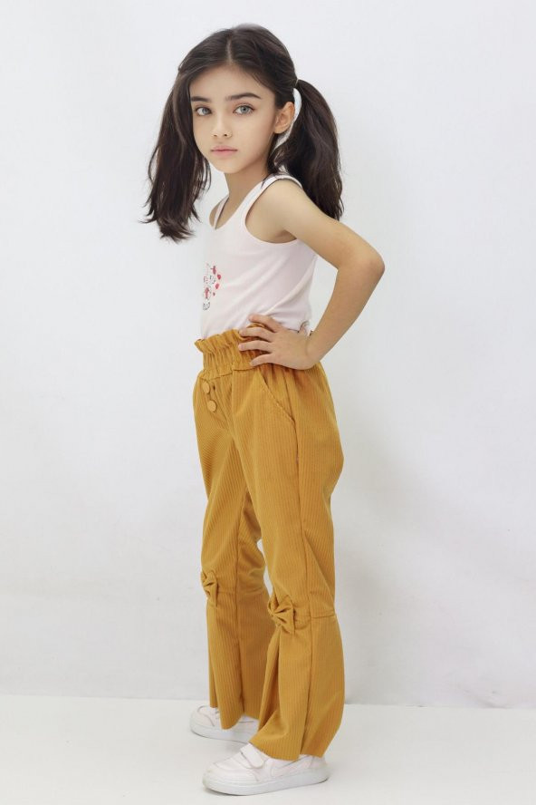 Kız Çocuk İspanyol Paça Fiyonklu Kadife Pantalon - 2