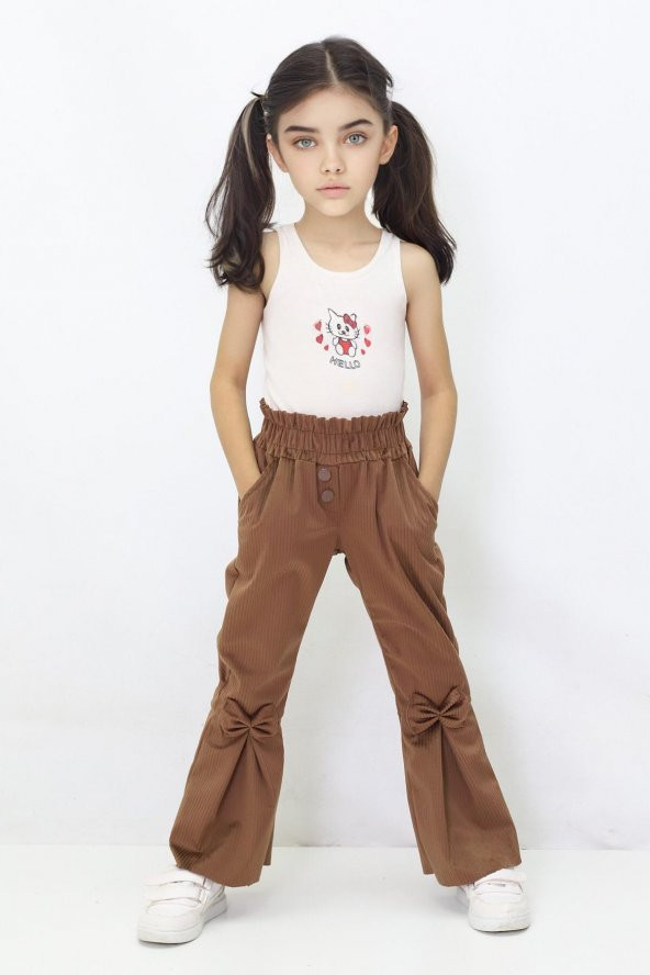 Kız Çocuk İspanyol Paça Fiyonklu Kadife Pantalon - 5