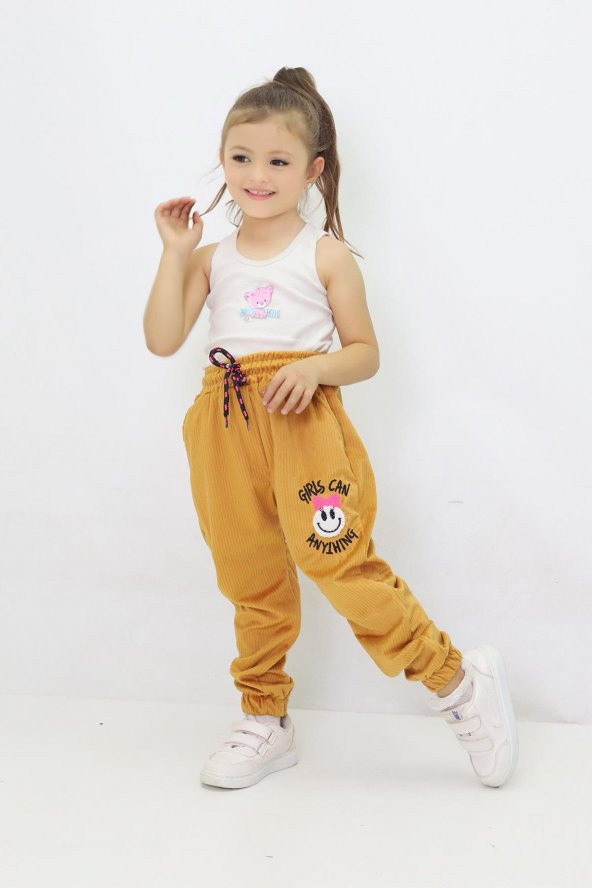 Kız Çocuk Emoji Nakışlı Kadife Pantolon - 5