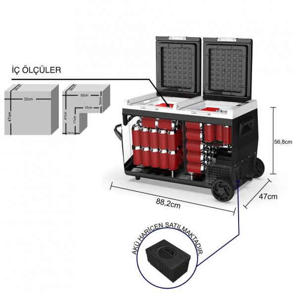 ICECO K95D 1224Volt 95 Litre AkülüKablolu Çift Bölmeli Kompresörlü Tekerlekli Outdoor Oto BuzdolabıDondurucu (Akü Dahil Değildir) - 5