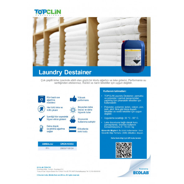 Ecolab Topclin Laundry Destainer Çamaşır Suyu 20 L