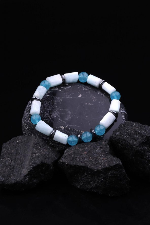 Larimar - Mavi Kuvars - Hematit Doğal Taş Tasarım Bileklik - Resim 2