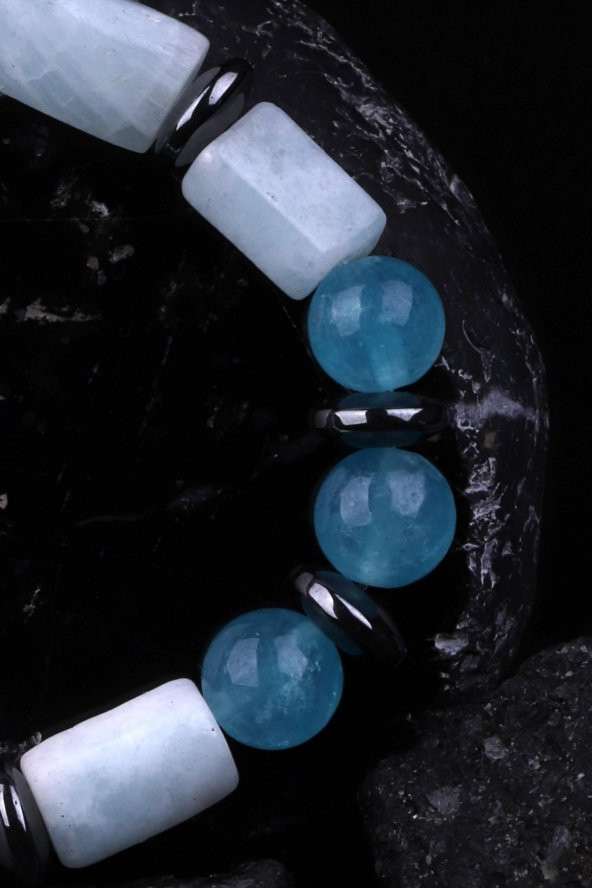 Larimar - Mavi Kuvars - Hematit Doğal Taş Tasarım Bileklik - Resim 3